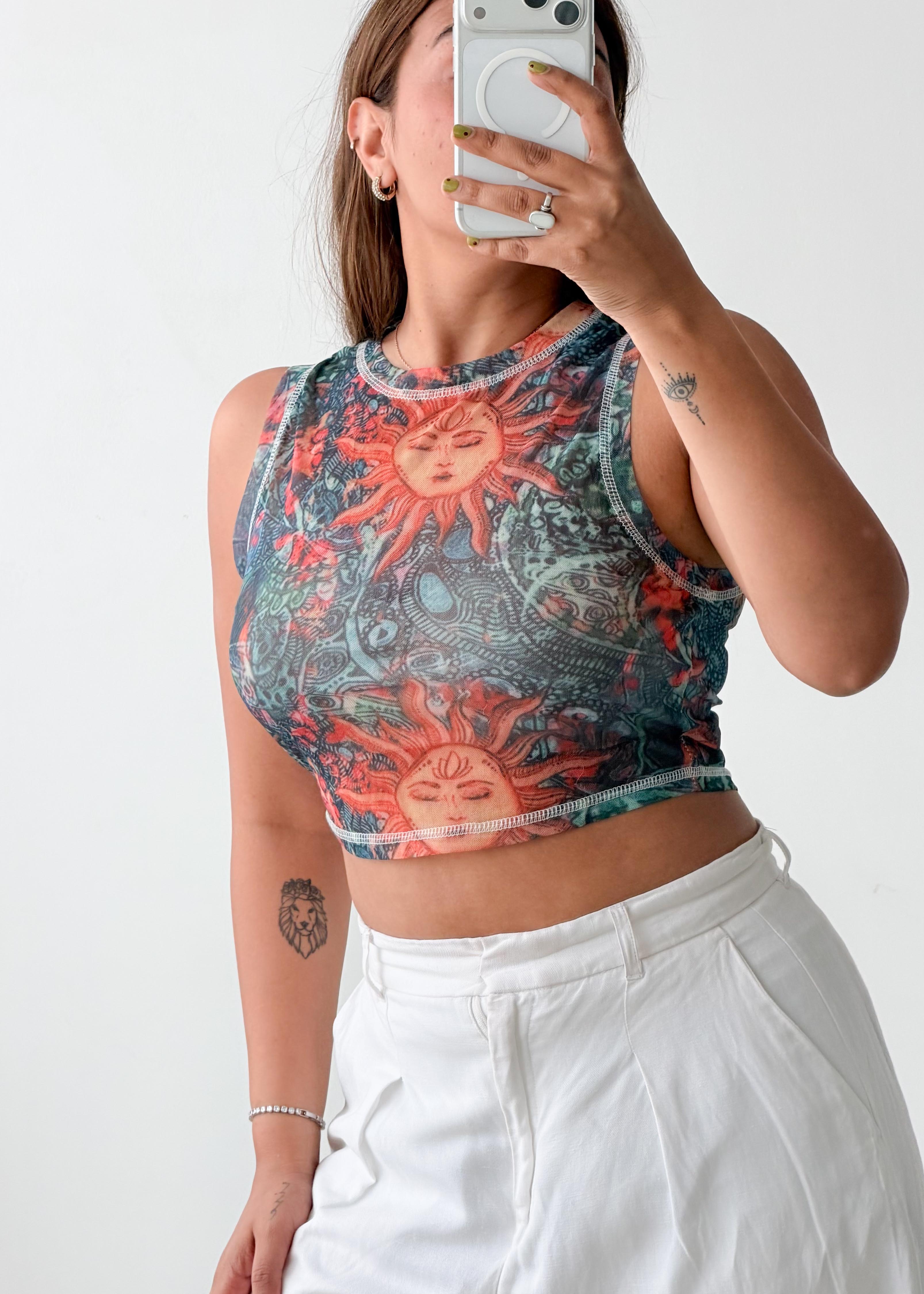 Size S-M Multicolor Printed Sleeveless Crop Top
