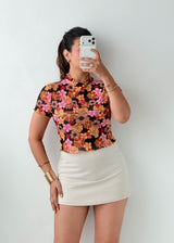 Size XS-S Brown Floral Mesh Mock Neck Top