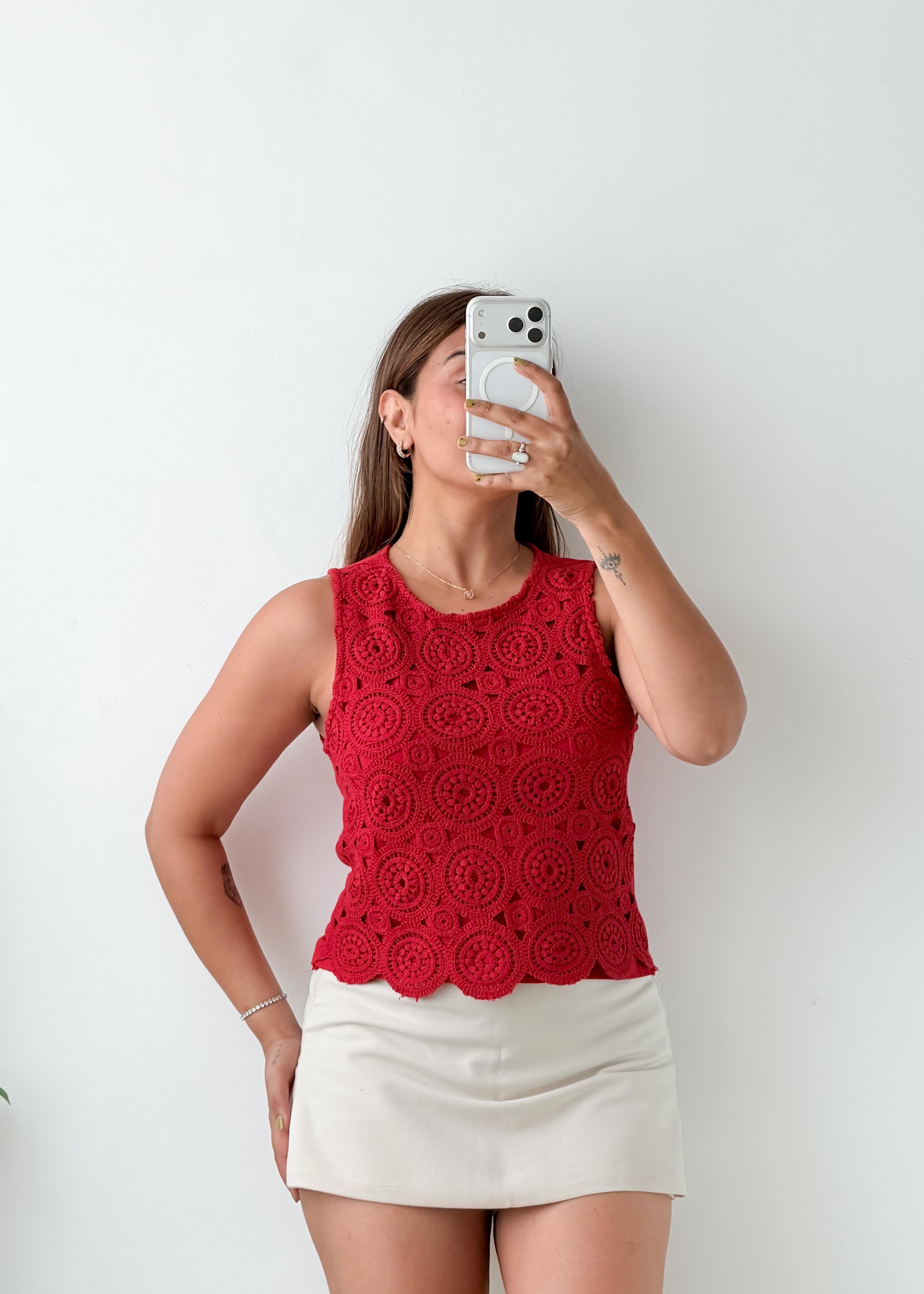 Size S-M Red Crochet Lace Top