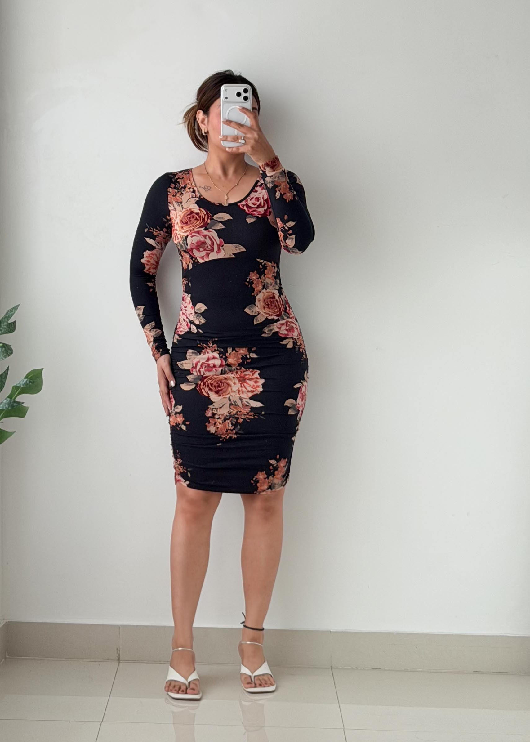 Size S-M Black Floral Ruched Midi Dress