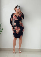 Size S-M Black Floral Ruched Midi Dress