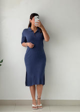 Size M-L Slate Blue Ribbed Polo Midi Dress