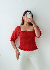 Size XS-S Red Smocked Puff Sleeve Top