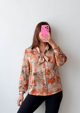 Size S-M Beige Orange Floral Tie-Neck Blouse