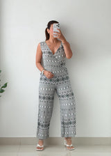 Size XS-S Black & White Tribal Print Wide-Leg Jumpsuit