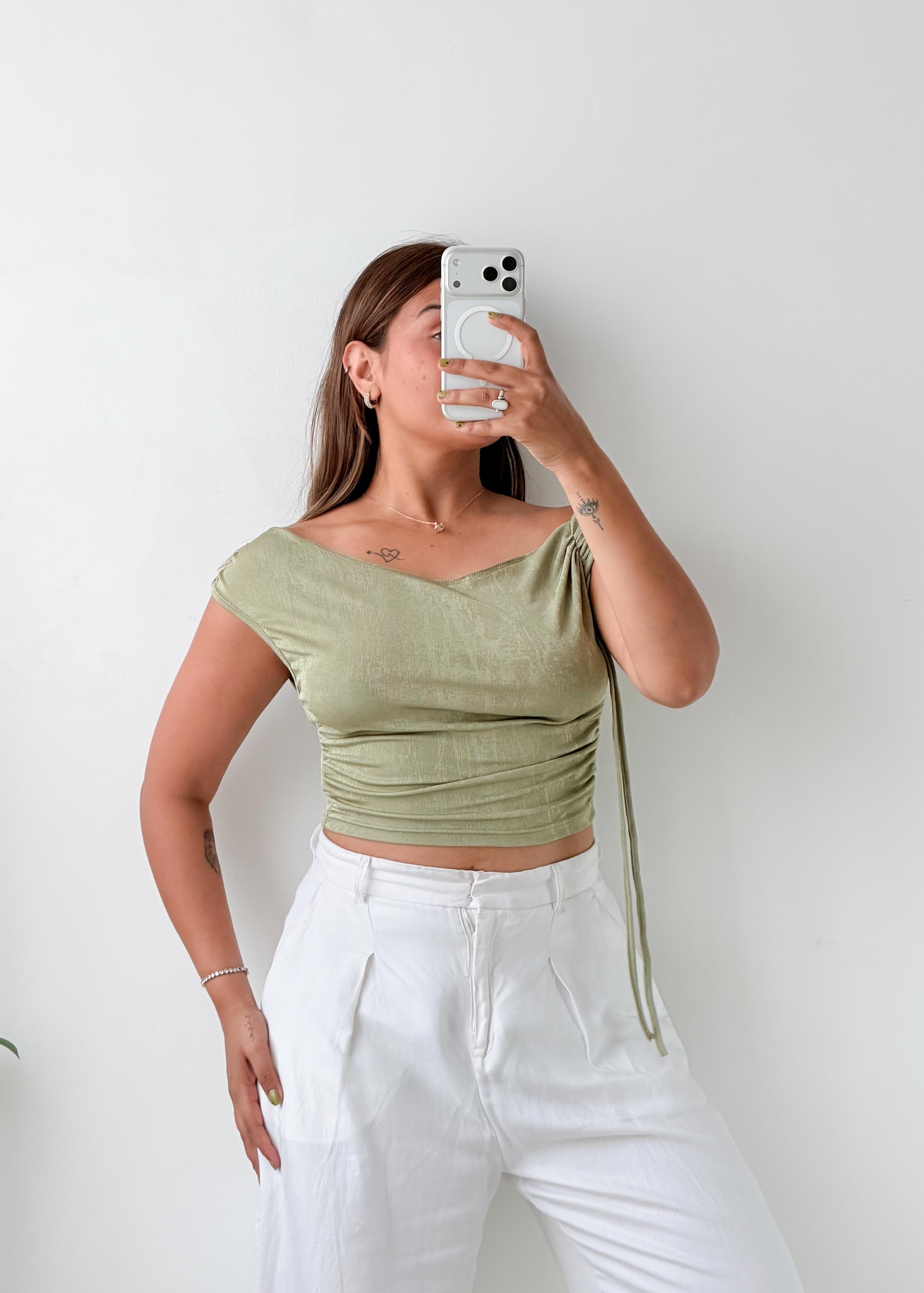 Size S-M Sage Green Off-Shoulder Crop Top