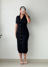 Size S-M Black Button-Front Bodycon Midi Dress