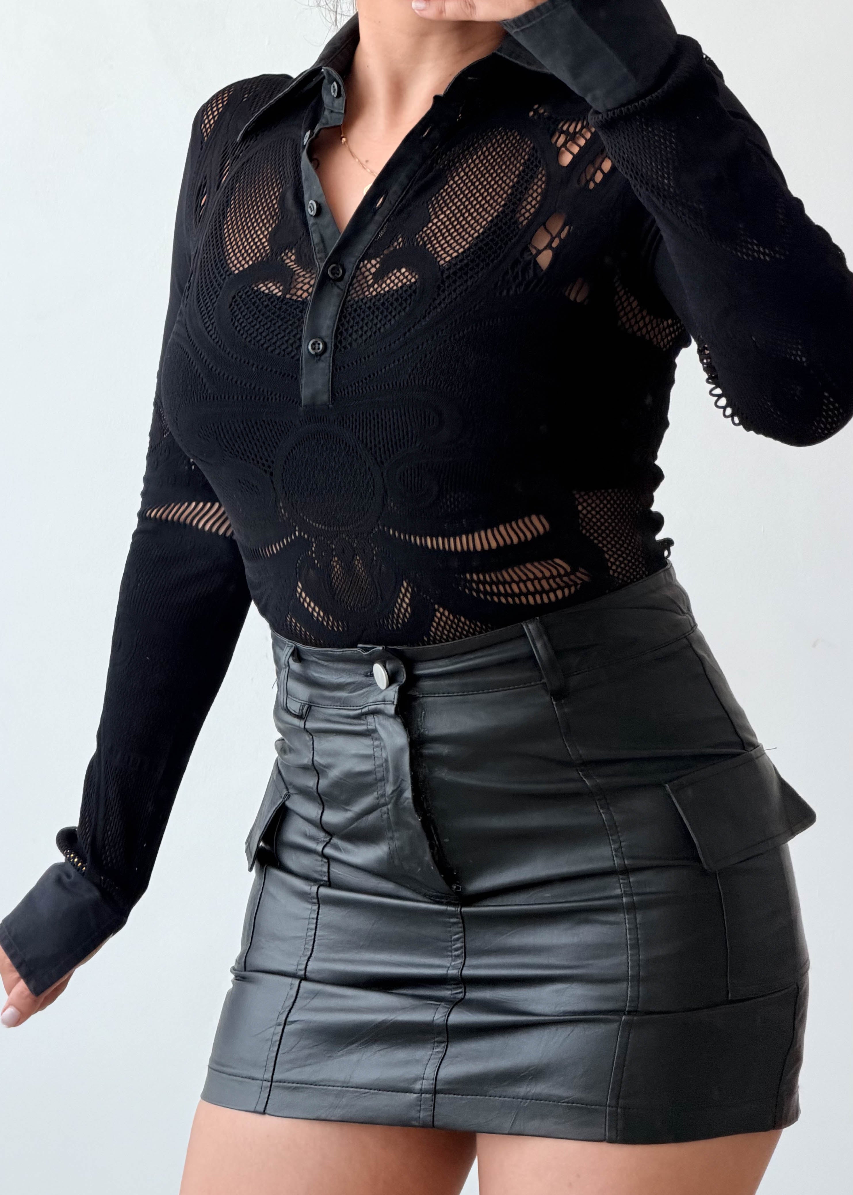 Size S-M Black Sheer Lace Polo Bodysuit