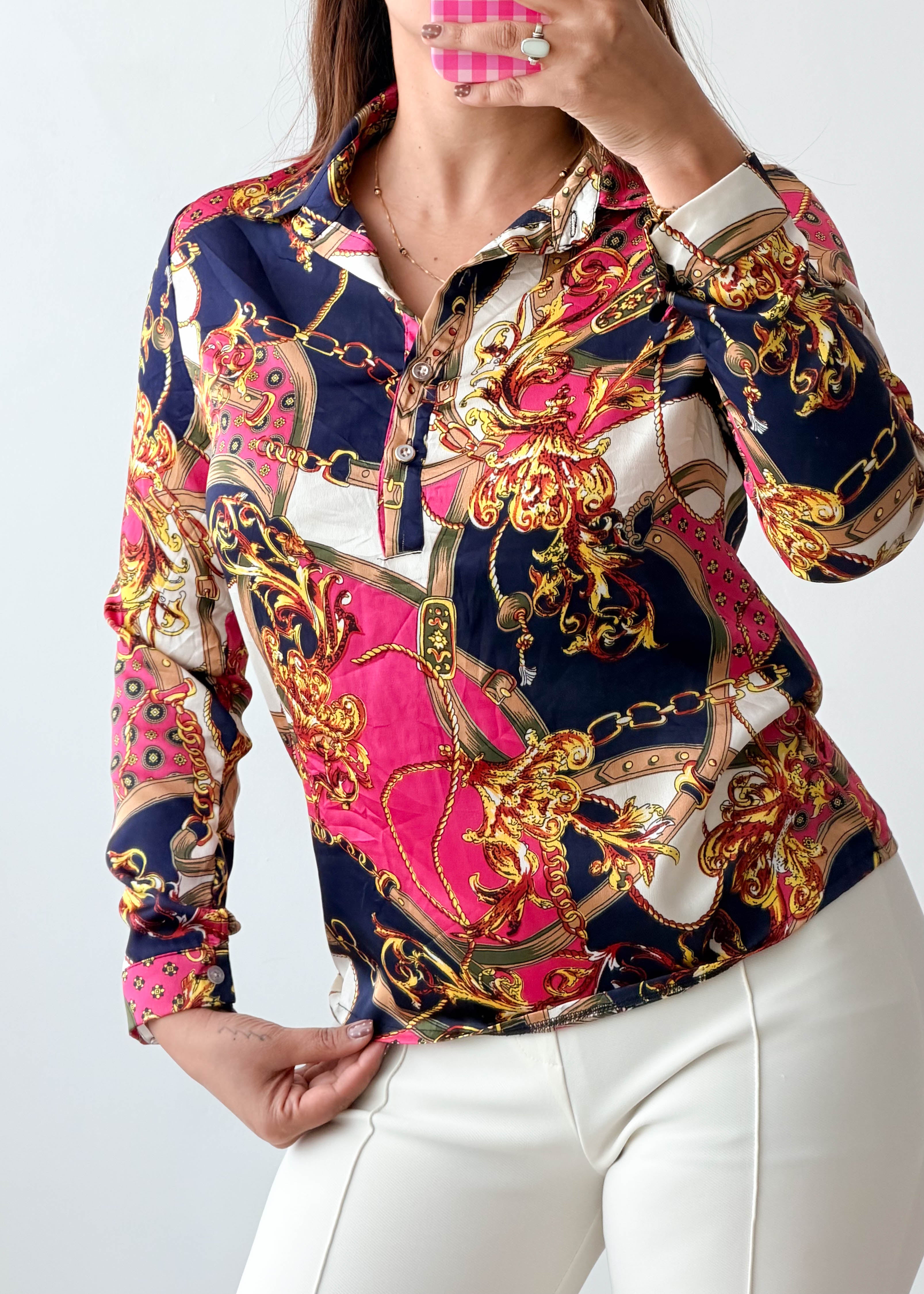 Size XS-S Pink Navy Baroque Print Shirt Top