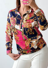 Size XS-S Pink Navy Baroque Print Shirt Top