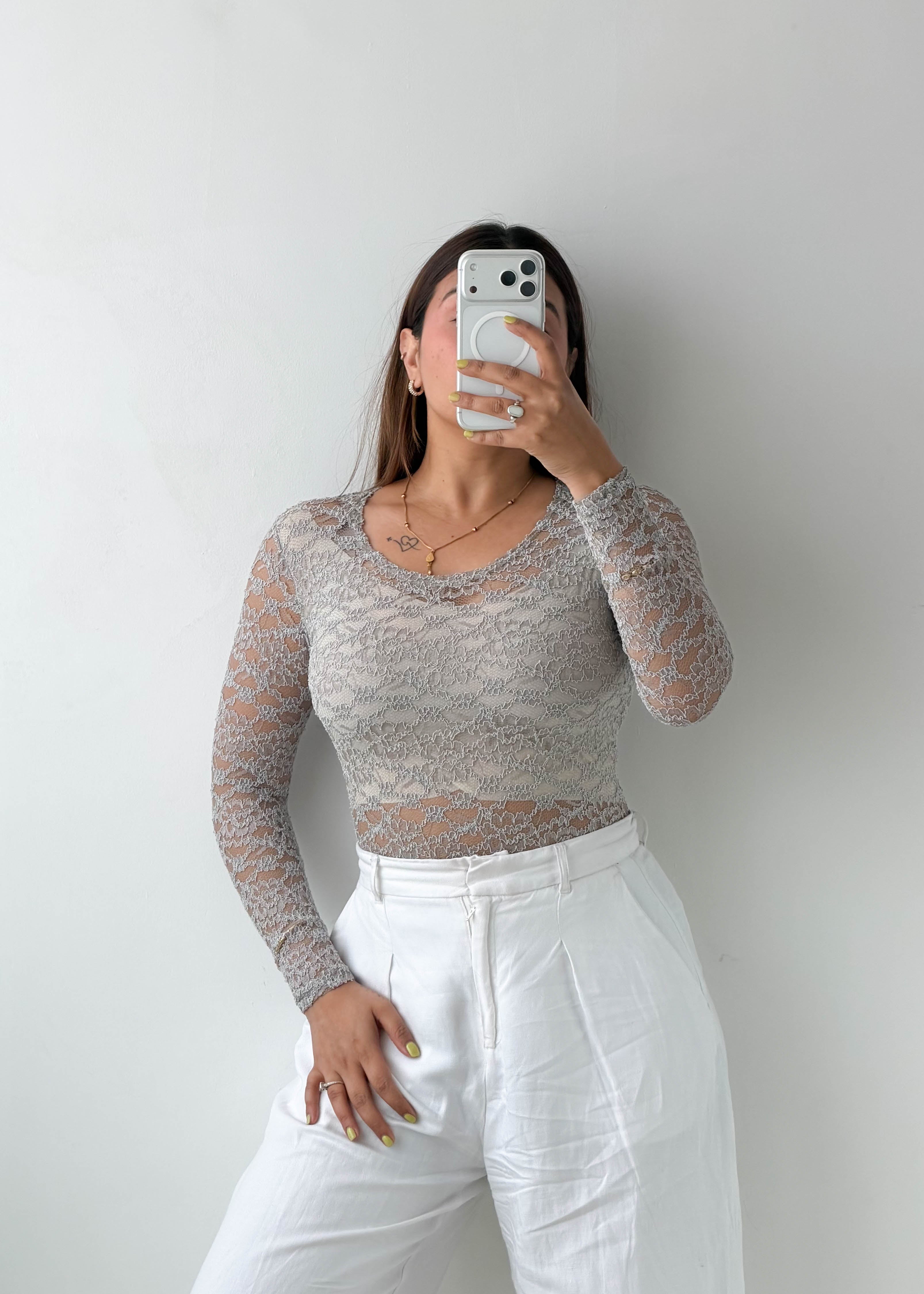 Size XS-S Grey Floral Lace Bodysuit