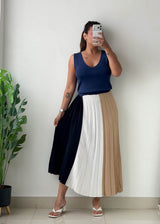 S-M Navy Color Block Pleated Maxi Dress
