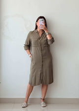 Size XS-S Olive Green Soft Cotton Utility Shirt Dress