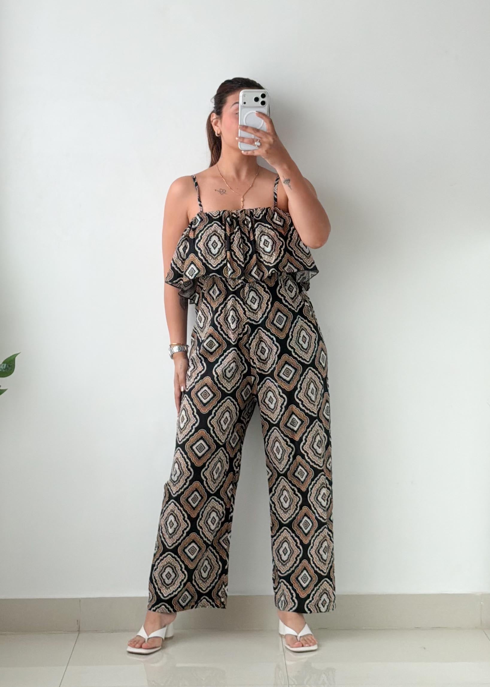 Size S-M Brown Geometric Print Wide-Leg Jumpsuit