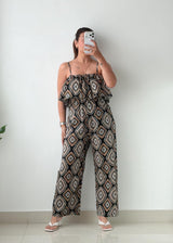 Size S-M Brown Geometric Print Wide-Leg Jumpsuit