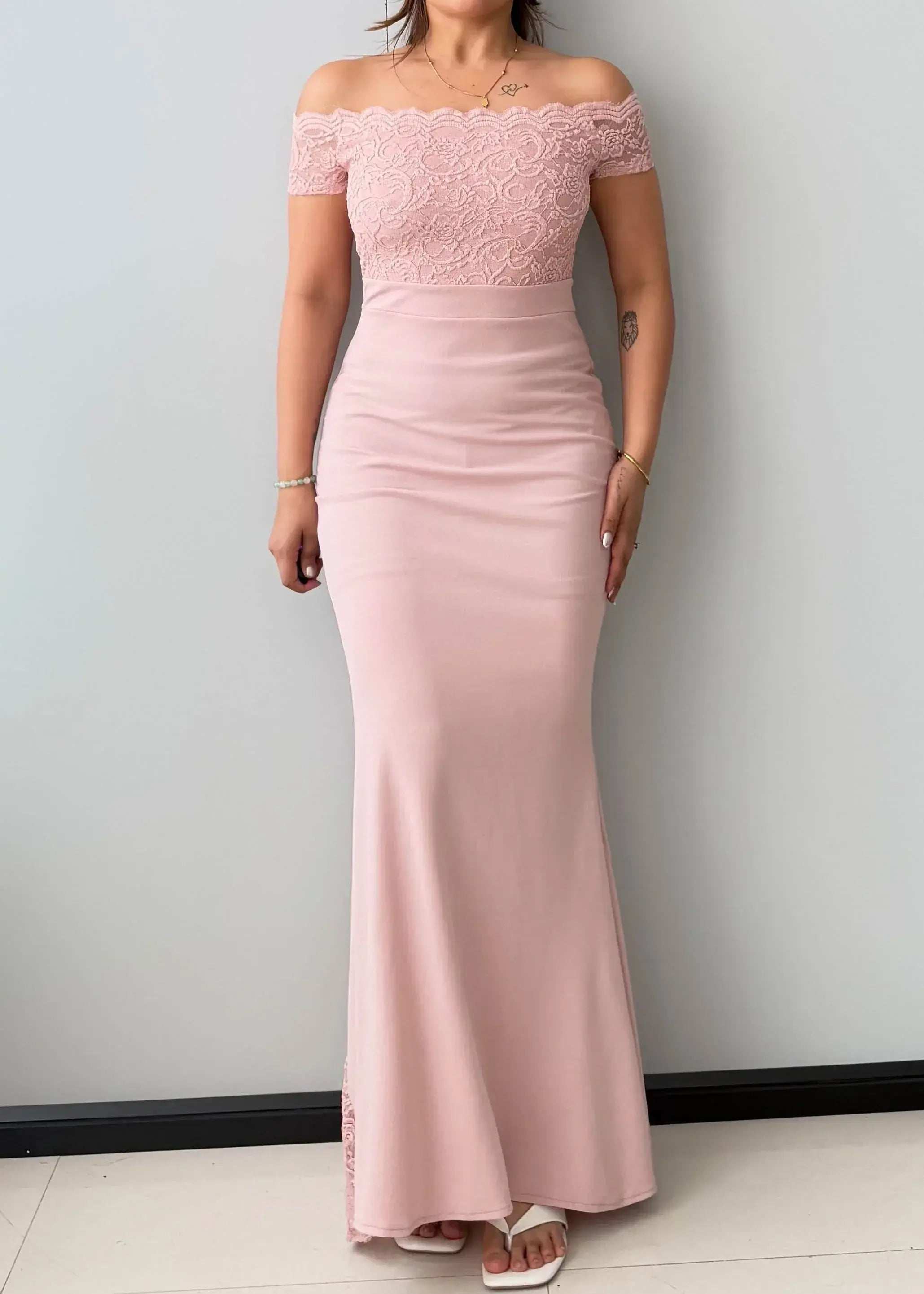 Size S-M, Blush Pink Off-Shoulder Lace Maxi Dress - Closet by Payal