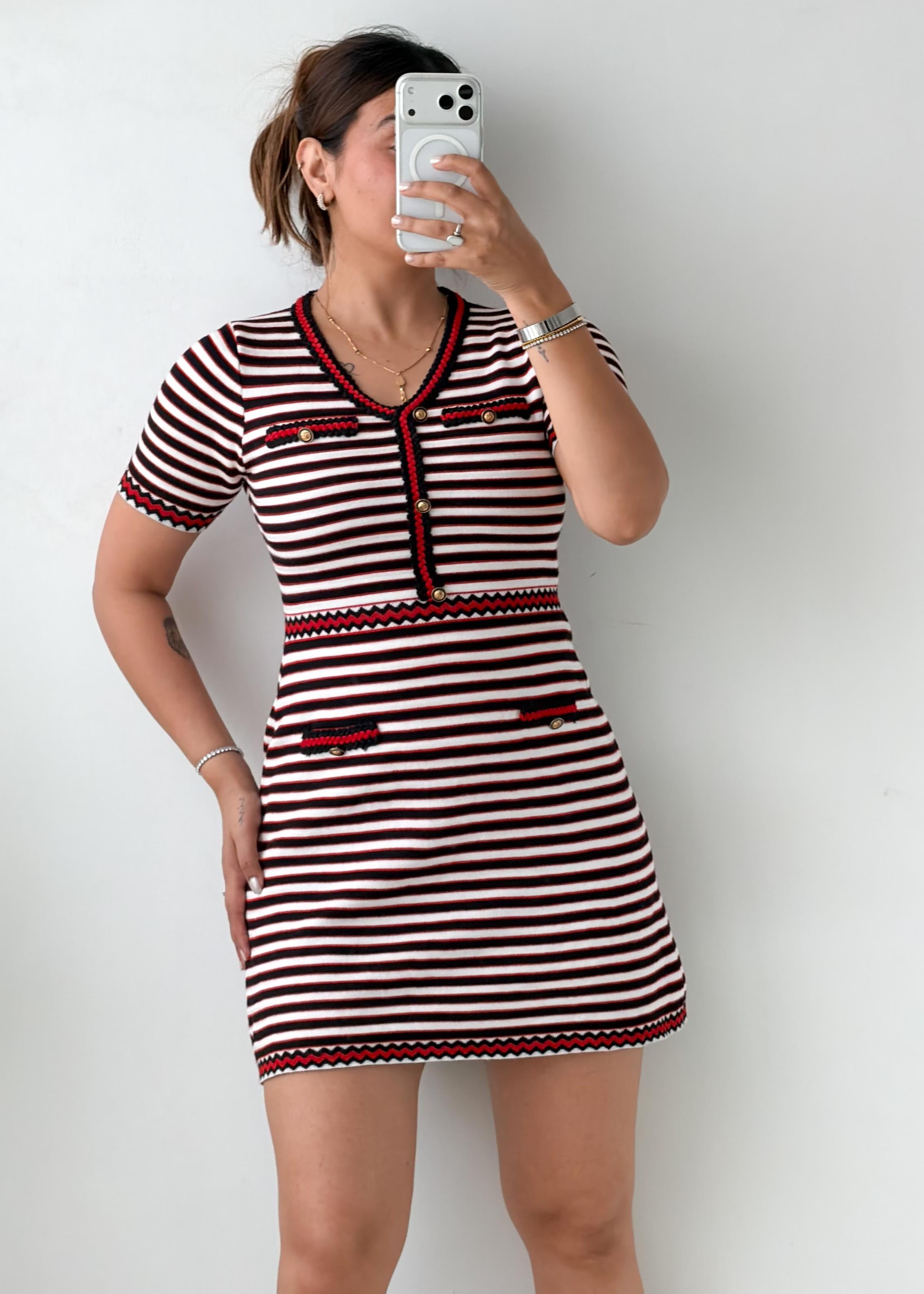 Size M-L Black & White Striped Knit Mini Dress
