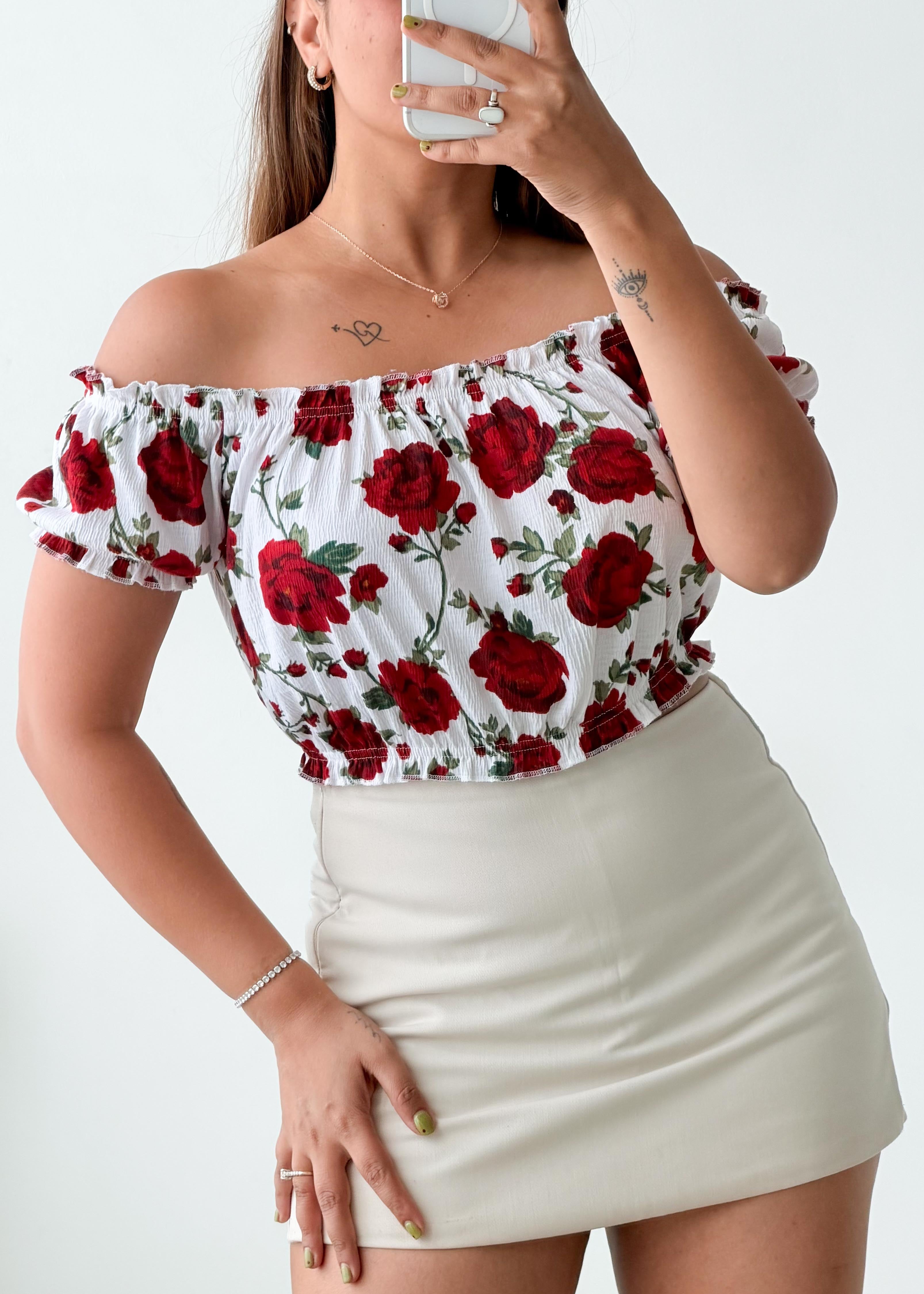 Size S-M White Floral Off-Shoulder Top