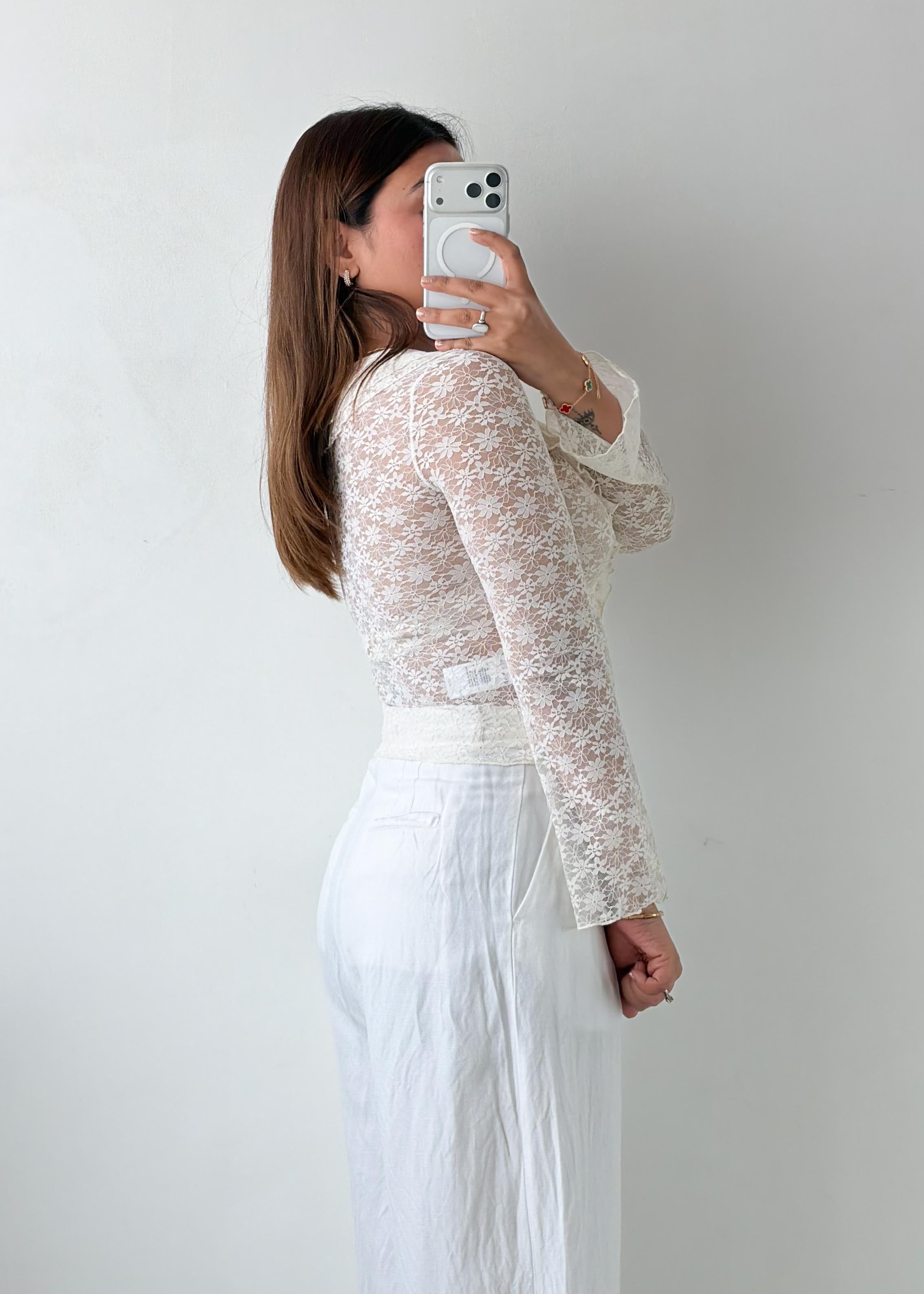 Size XS-S White Floral Lace Ruffle Top