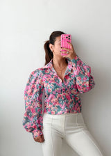 Size XS-S Pink Floral Puff Sleeve Chiffon Crop Top