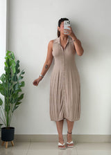 Size XS-S Beige Collared Button Midi Dress