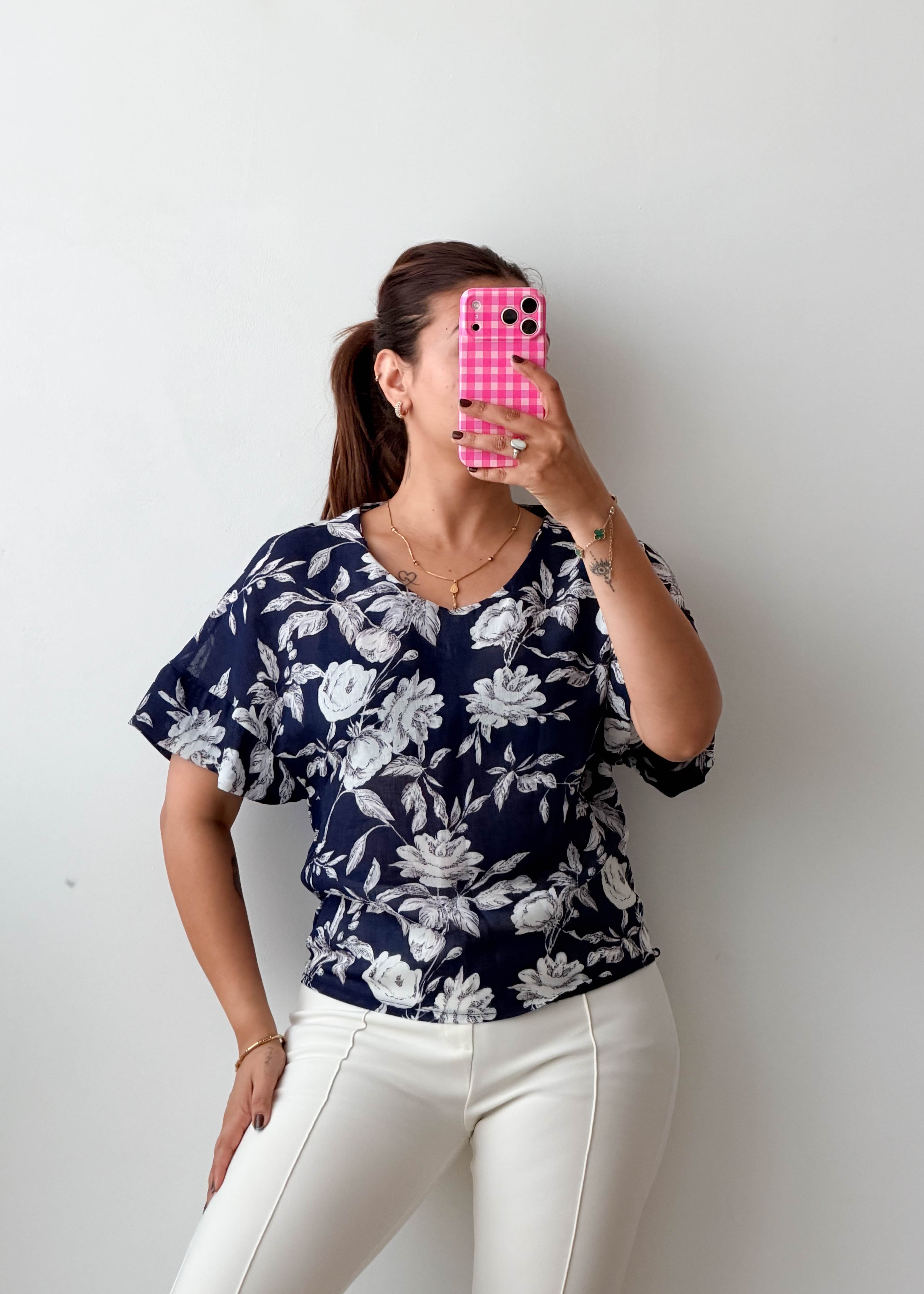 Size XS-S Navy White Floral Top