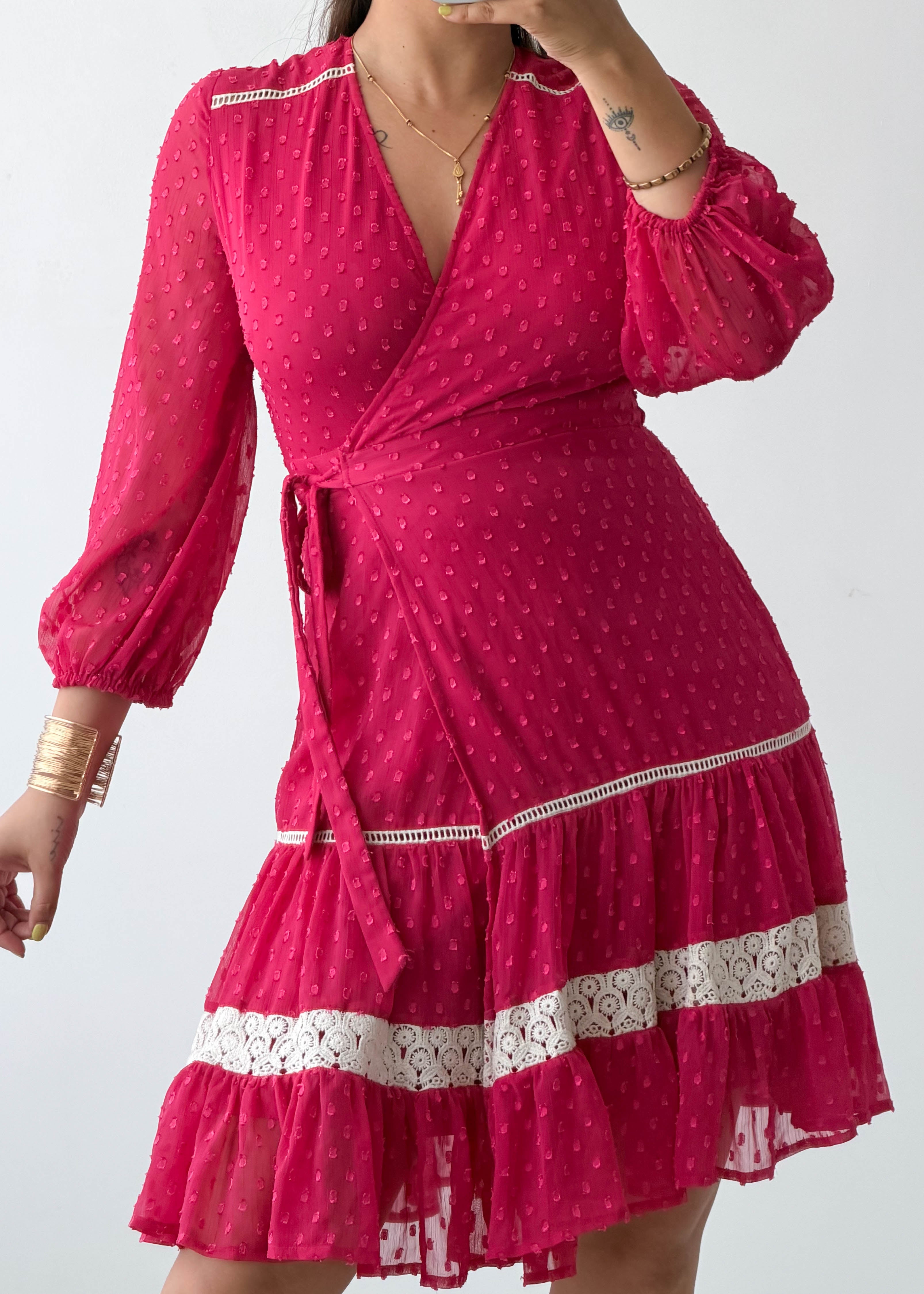 Size XS-S Fuchsia Polka Dot Wrap Mini Dress