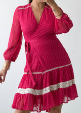 Size XS-S Fuchsia Polka Dot Wrap Mini Dress