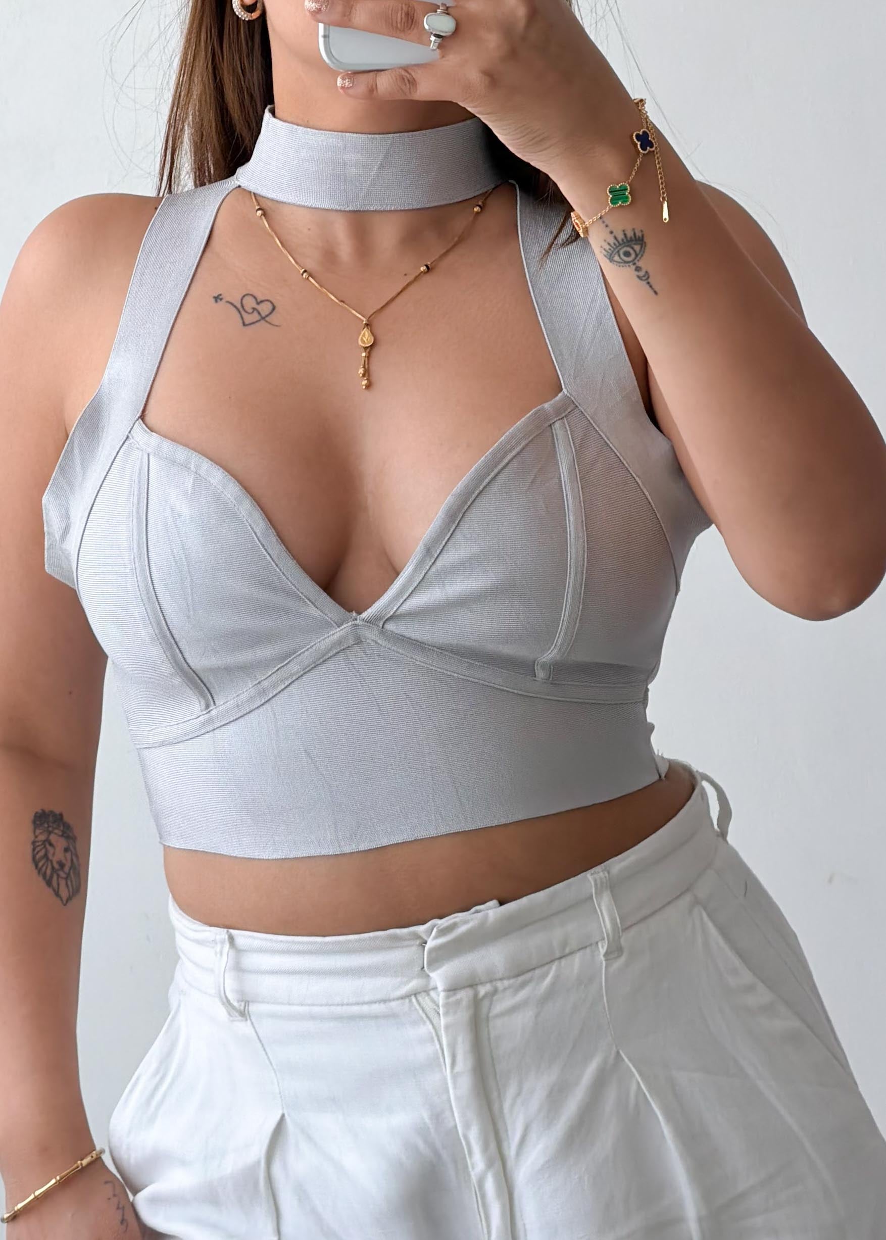 Size XS-S Grey Halter Cut-Out Crop Top