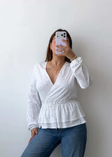 Size M-L White Polka Dot Wrap Peplum Top