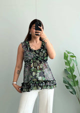 Size XS-S, Green Floral Ruffle Sleeveless Peplum Top for Women - Closet by Payal