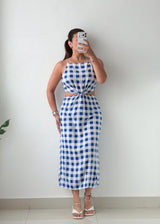 Size S-M Blue Gingham Cut-Out Midi Dress