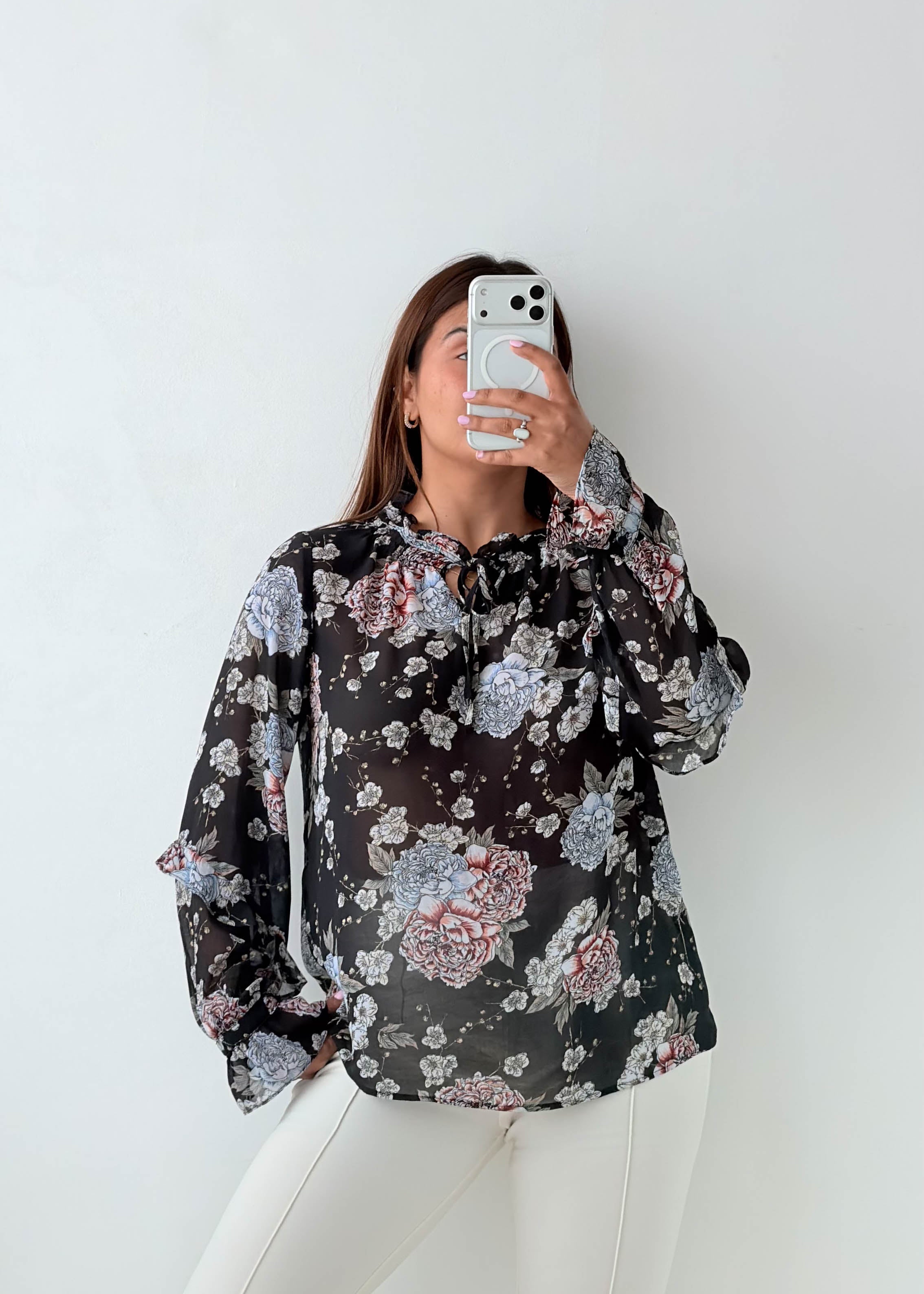 Size XS-S Black Floral Sheer Top