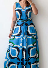 Size M-L, Blue Printed Maxi Dress