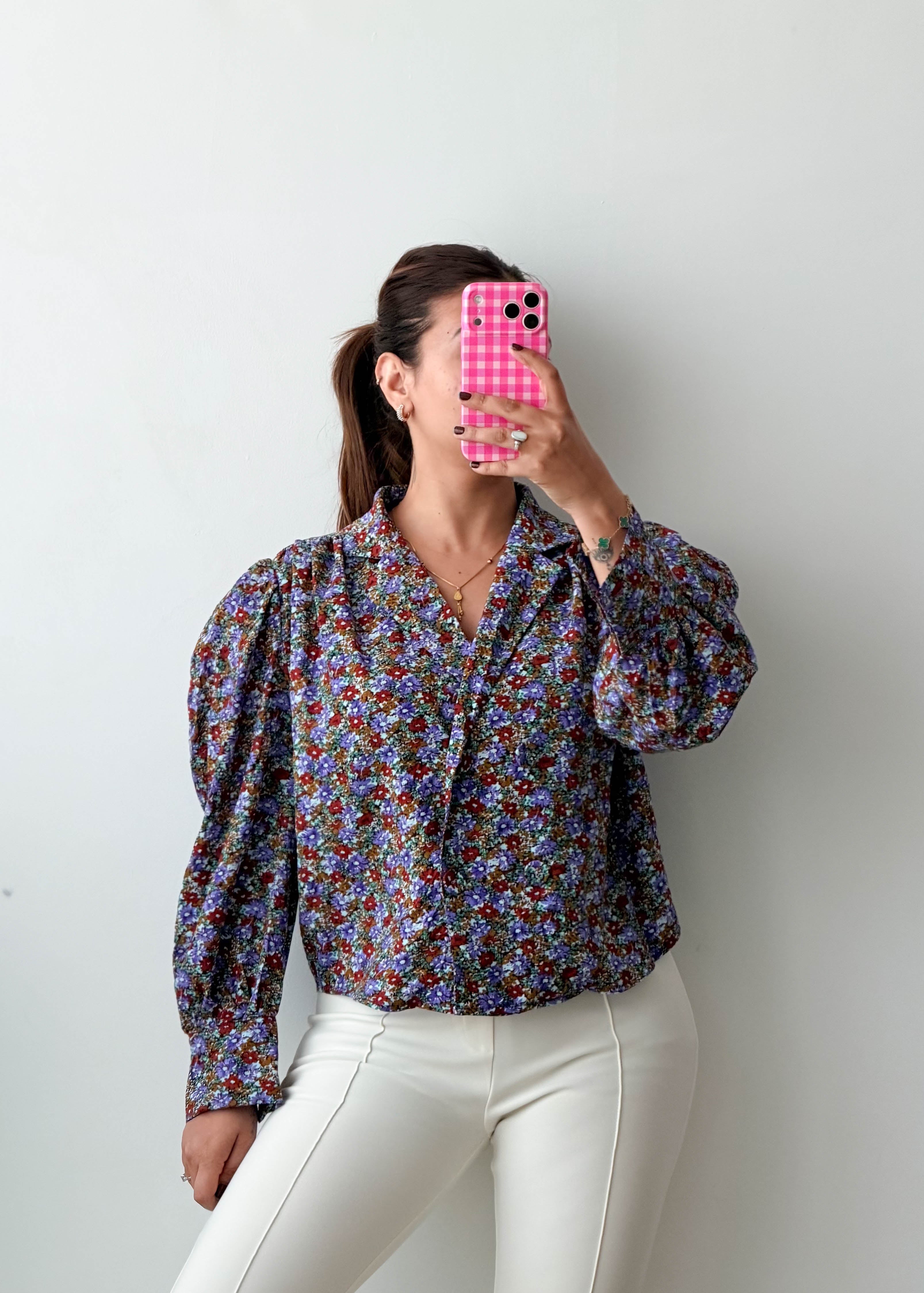 Size M-L Blue Floral Puff Sleeve Shirt Top