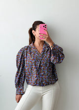 Size M-L Blue Floral Puff Sleeve Shirt Top