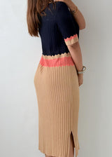 Size M-L Black Colorblock Ribbed Knit Midi Dress