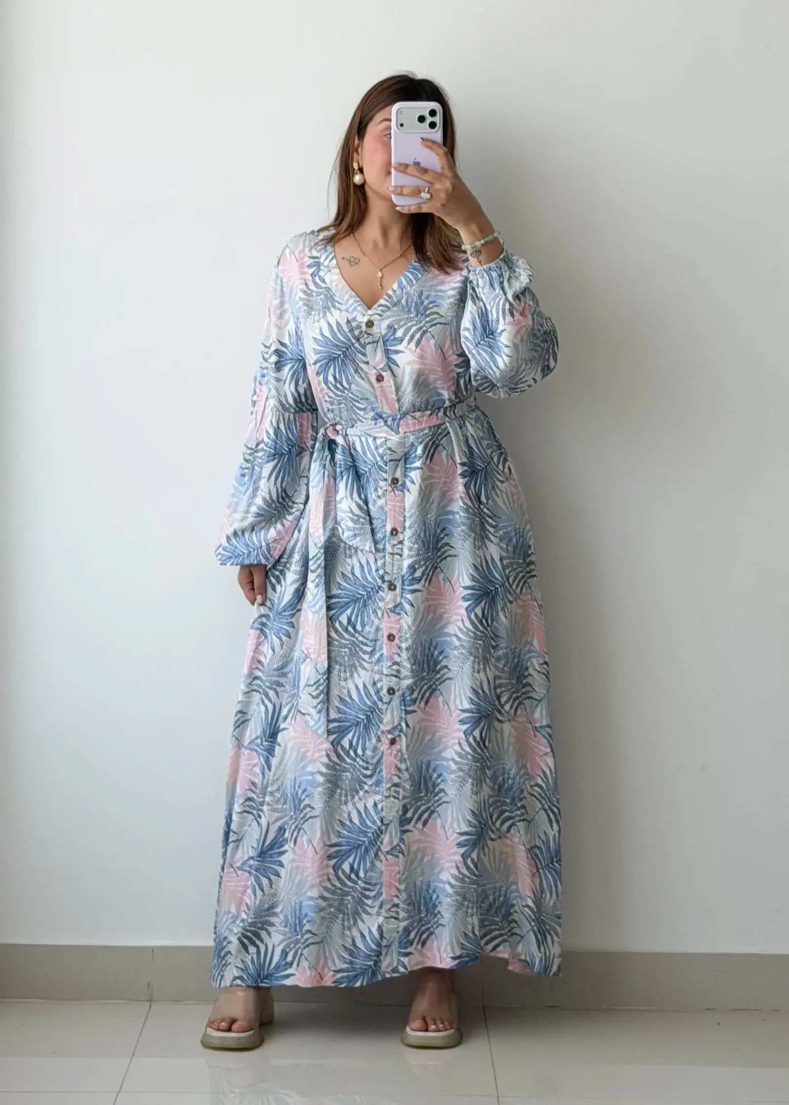 Size L-XL, Blue Tropical Shirt Maxi Dress