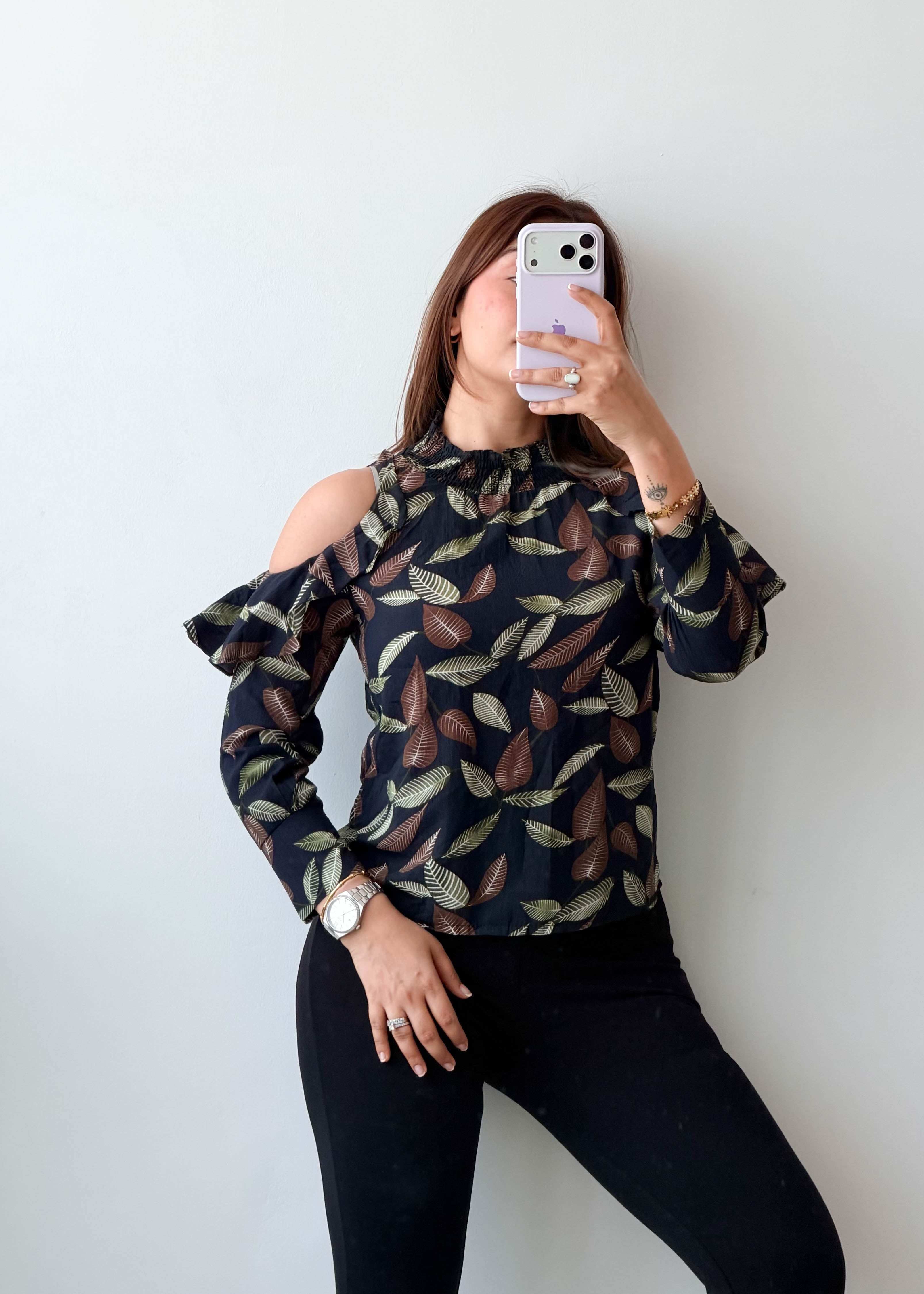 Size XS-S Black Leaf Print Cold Shoulder Top