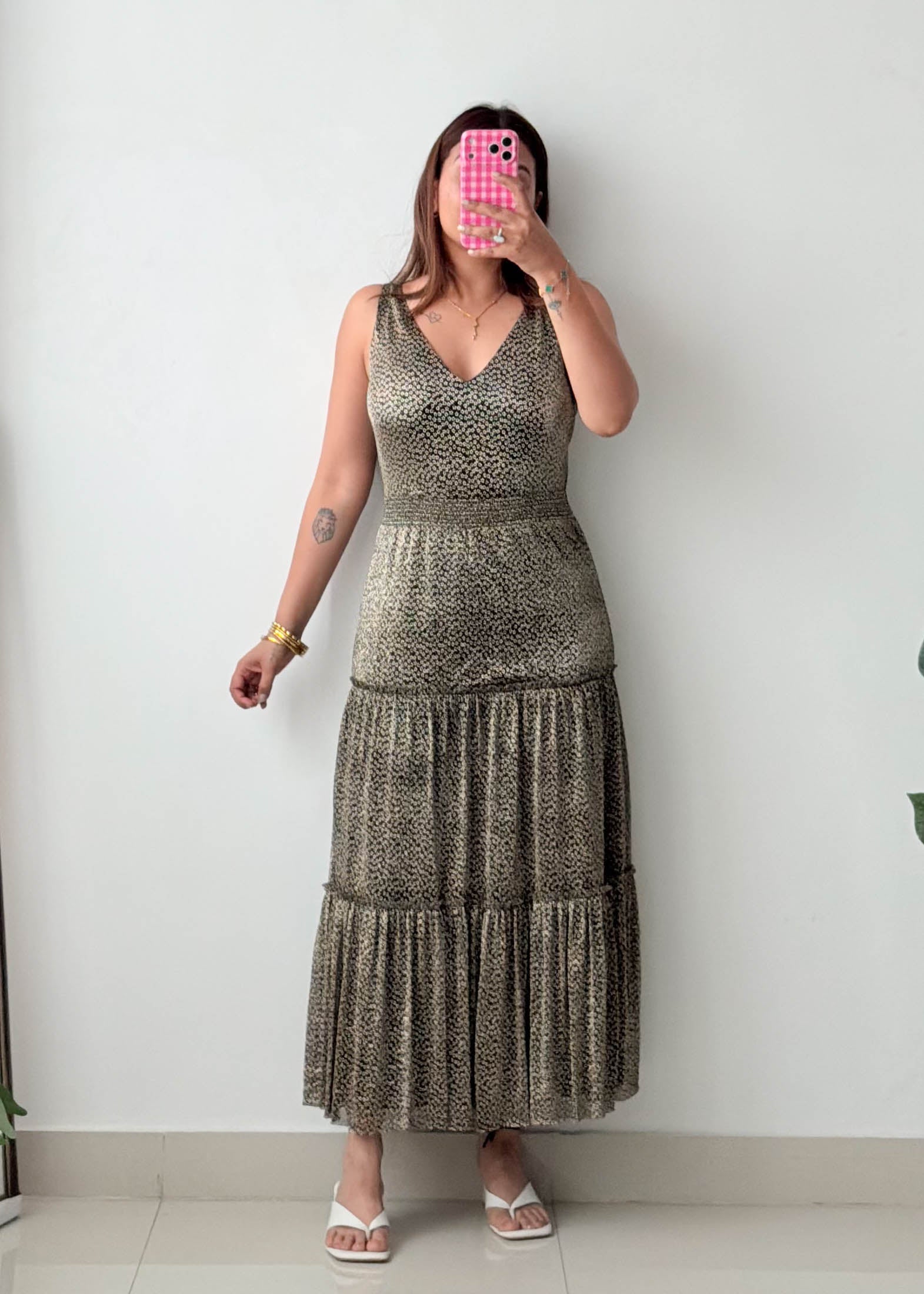 Size M Micro Print Tiered Maxi Dress