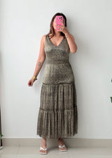 Size M Micro Print Tiered Maxi Dress