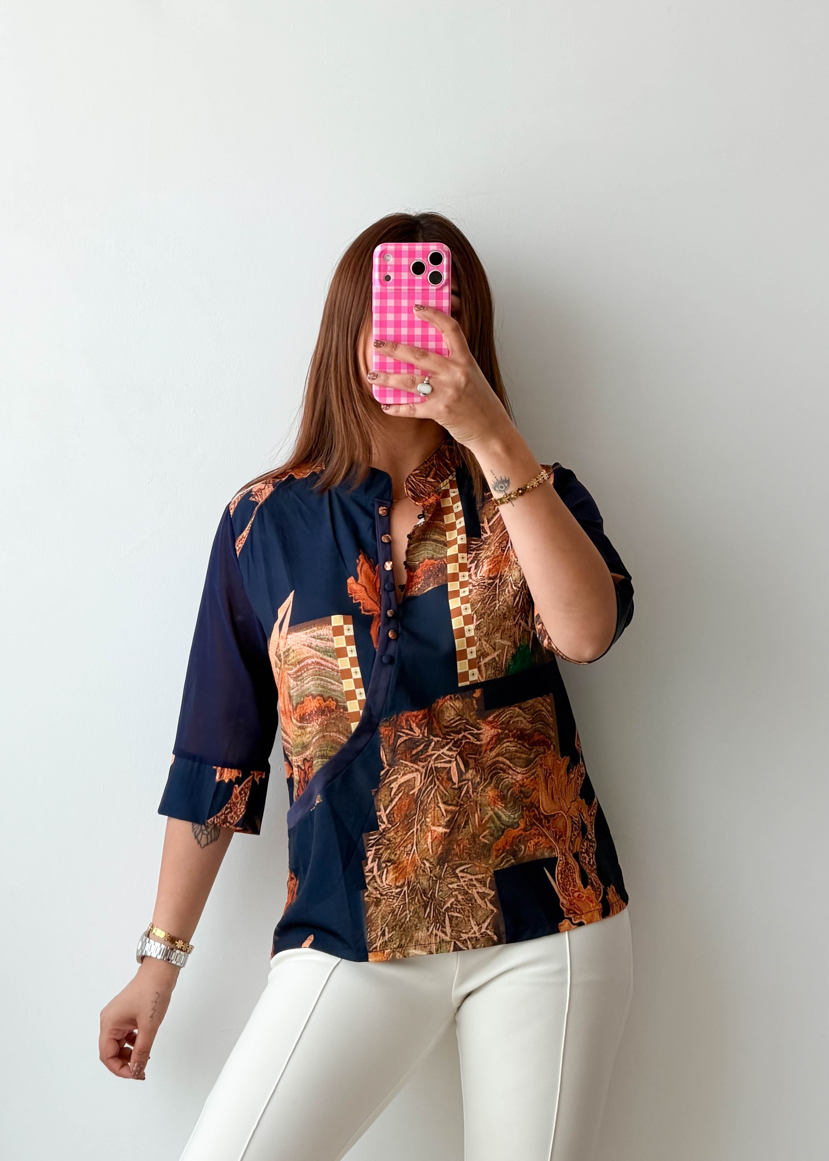 Size S-M Navy Patchwork Print Shirt Top