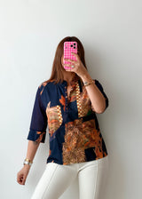 Size S-M Navy Patchwork Print Shirt Top