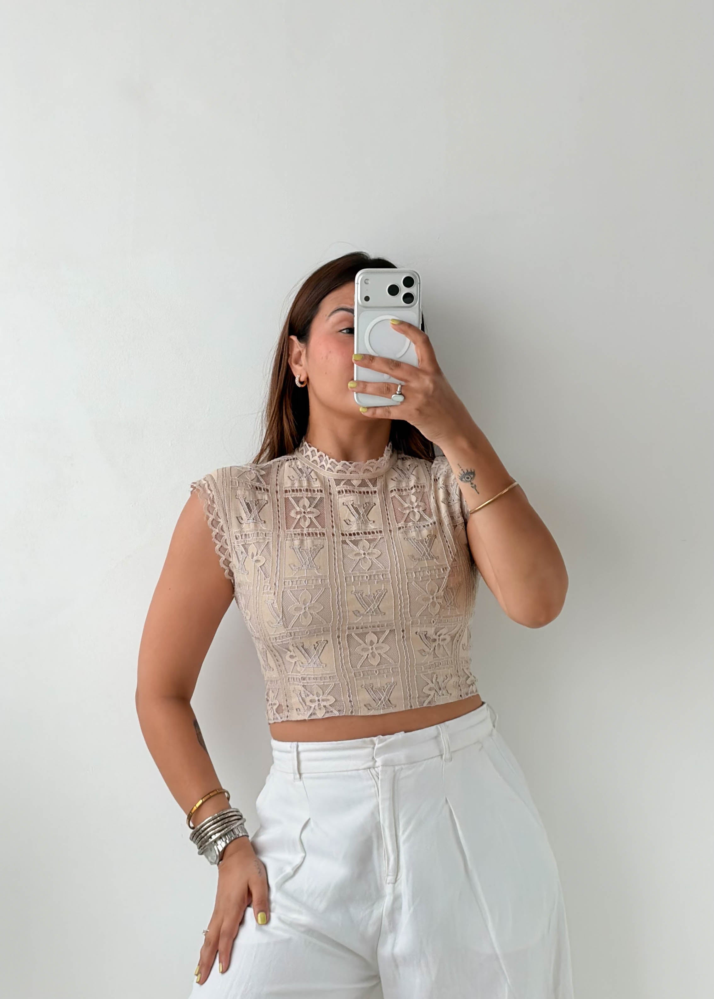 Size S-M Beige Lace High Neck Crop Top