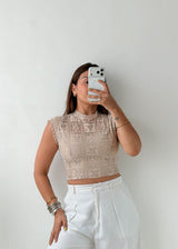 Size S-M Beige Lace High Neck Crop Top