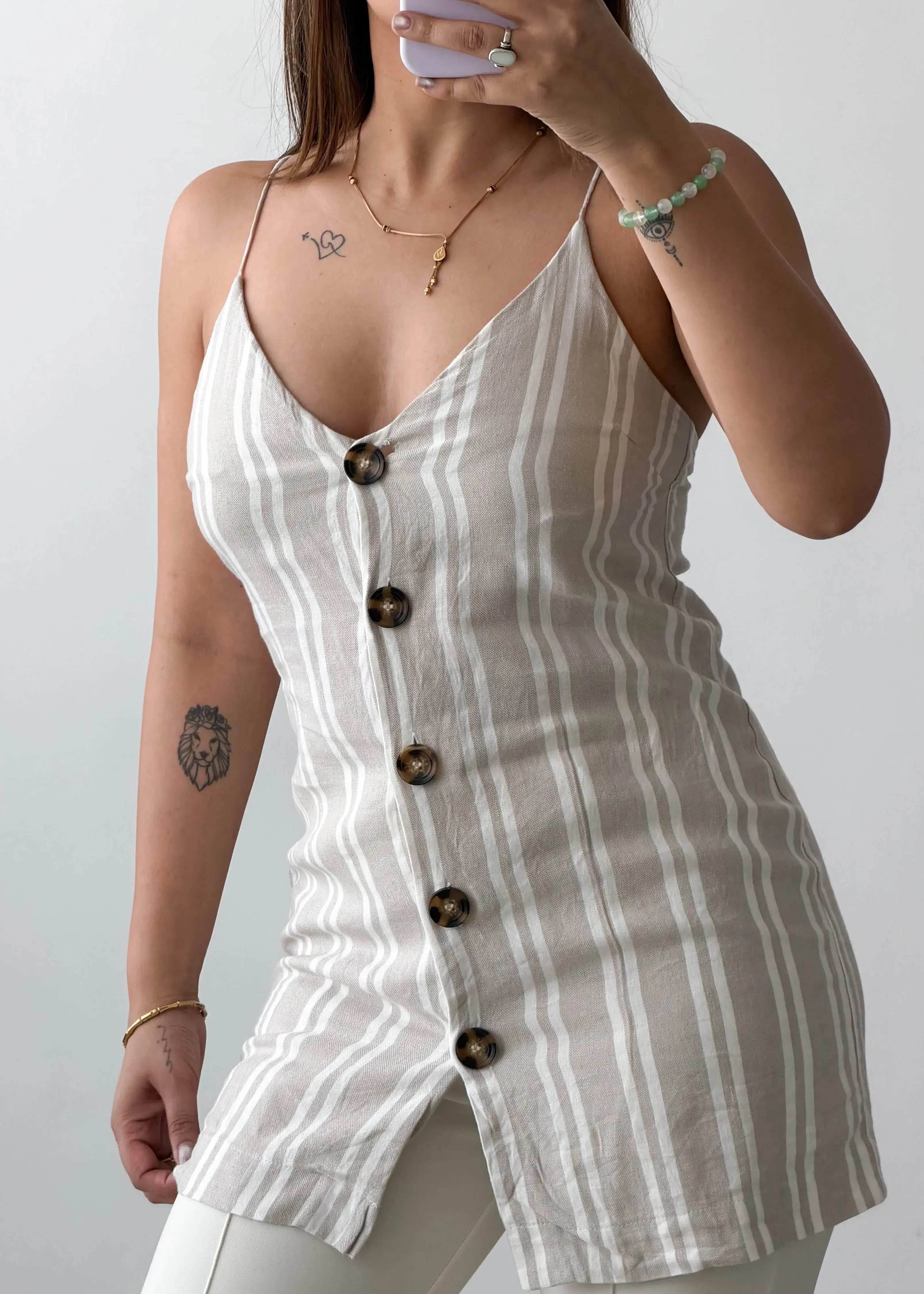 Size XS-S Beige Striped Button Camisole Top