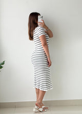 Size S-M White & Black Striped Ribbed Knit Midi Dress