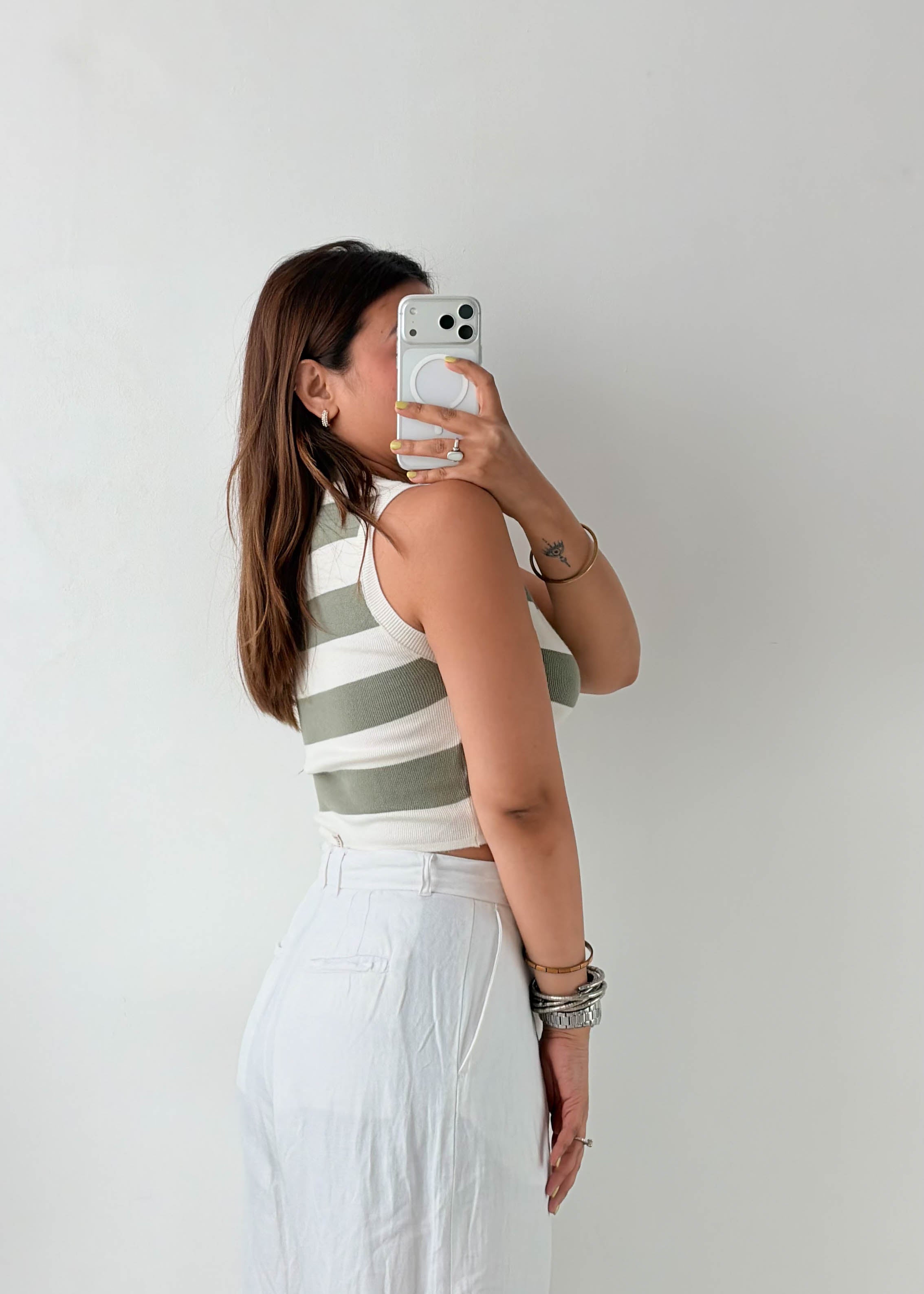 Size S-M Olive Striped High Neck Crop Top