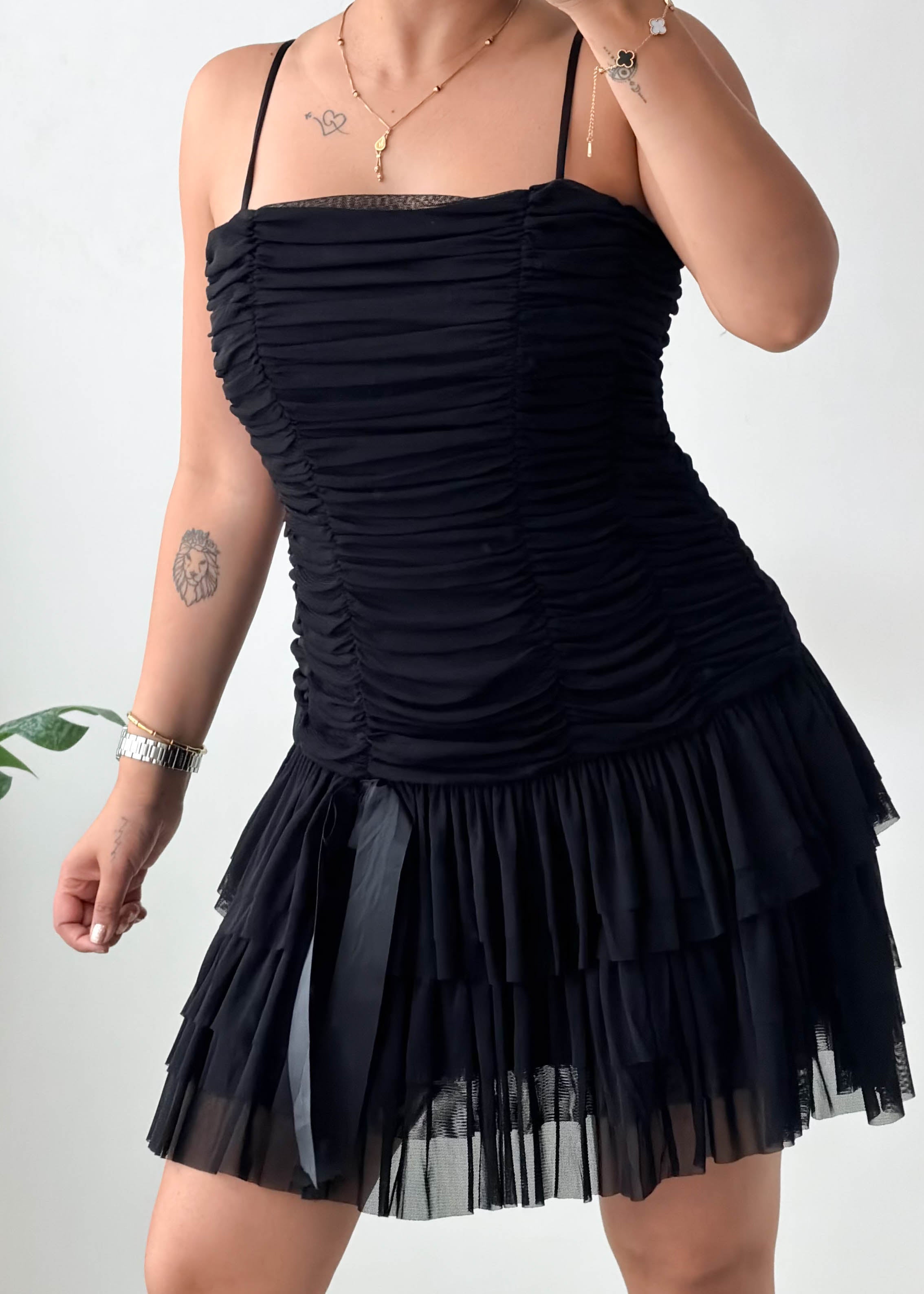Size M Black Ruched Pleated Mini Dress