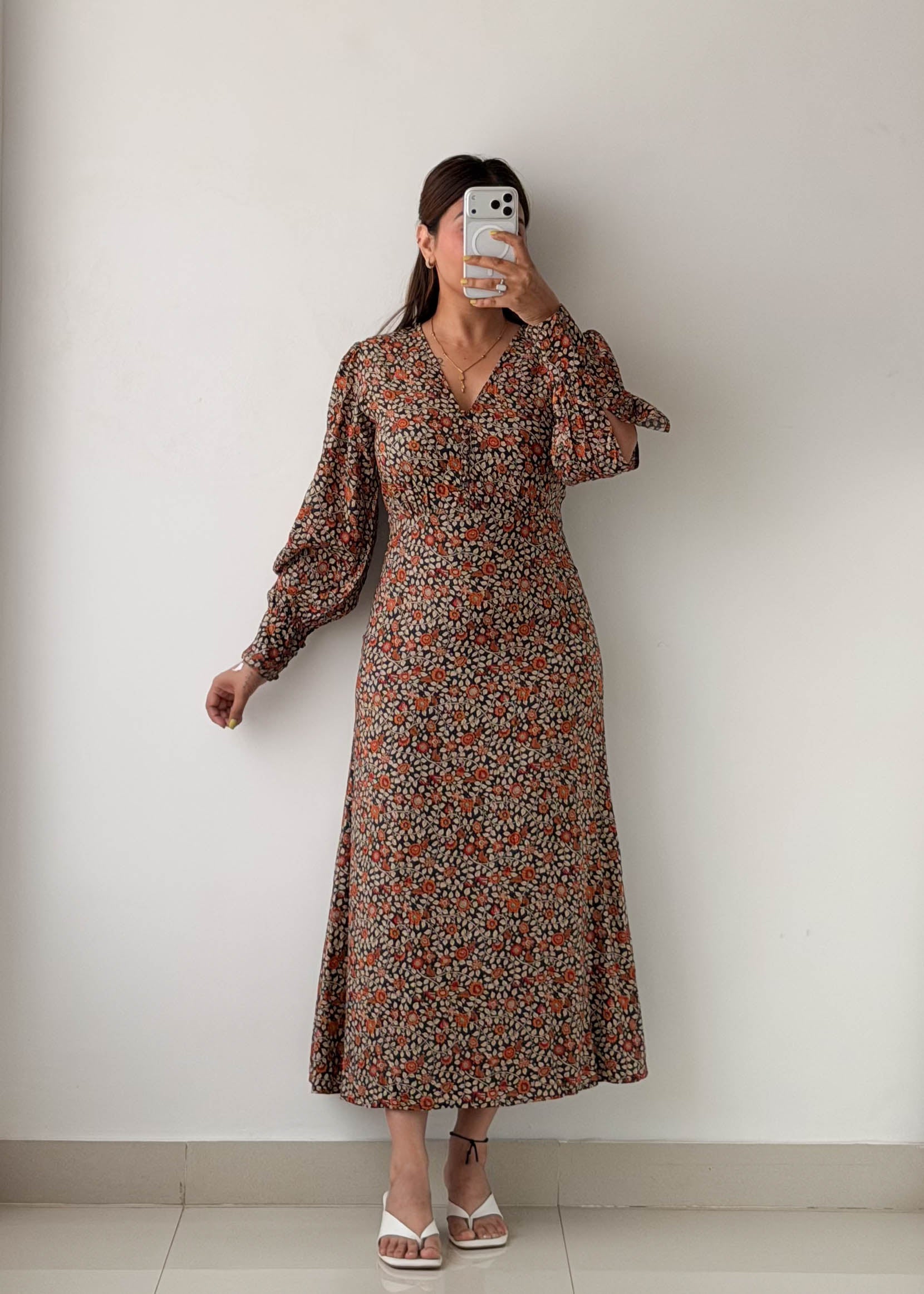 Size XS-S Brown Floral Long Sleeve Maxi Dress